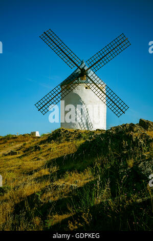 Windmühle und Schloss in Consuegra, Kastilien-La Mancha, Spanien. Stockfoto