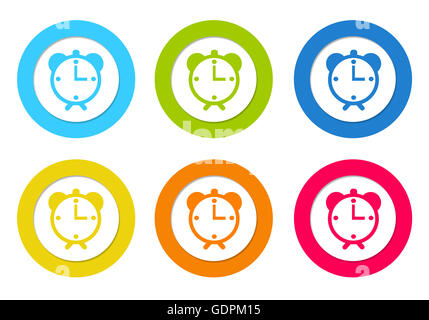 Abgerundete bunte Schaltflächen mit Wecker-Symbol in blau, grün, gelb, rot und orange Farben Stockfoto