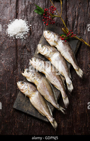 Getrocknete Corvina auf rustikalen Brett mit Salz und Äste auf der Seite Stockfoto