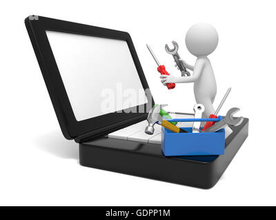Ein 3d Mann Reparatur eines Computersystems mit Werkzeugen Stockfoto