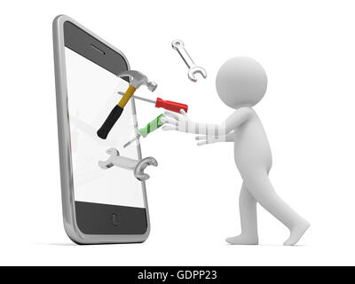 3d Mann mit einem Hammer, Schraubenschlüssel und Schraubendreher aus Handy Stockfoto