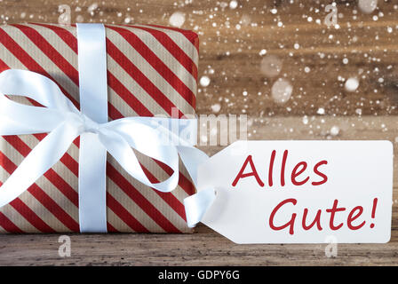Präsentieren Sie mit Schneeflocken, Text Alles Gute Mittel beste Wünsche Stockfoto
