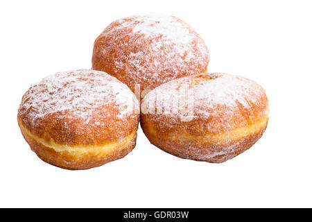 Drei Donuts, bestreut mit Puderzucker isoliert auf weißem Hintergrund Stockfoto