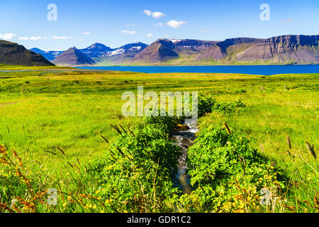 Isländische Landschaft von Berg und Feld am Morgen der ländlichen Island Stockfoto