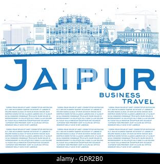 Umriss Jaipur mit blauen Wahrzeichen und textfreiraum Skyline. Vektor-Illustration. Geschäftsreisen und Tourismus-Konzept Stock Vektor