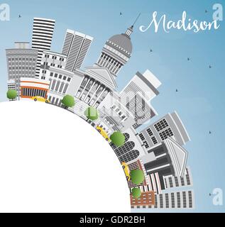 Madison Skyline mit grauen Gebäuden, blauer Himmel und Textfreiraum. Vektor-Illustration. Geschäftsreisen und Tourismus-Konzept Stock Vektor