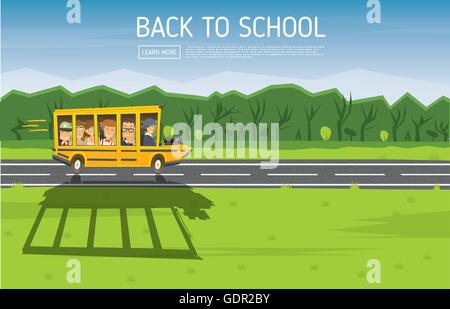 Zurück zur Schule. Vektor-Illustration. Gelb Racing School Bus im Cartoon-Stil mit Schülern und Textfreiraum. Stock Vektor