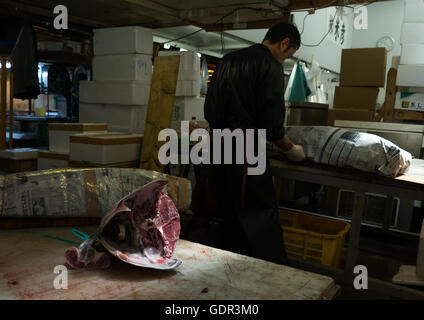 Kreditor Verpackung Thunfisch in Tsukiji Fischmarkt zu vermarkten, Kanto-Region, Tokyo, Japan Stockfoto