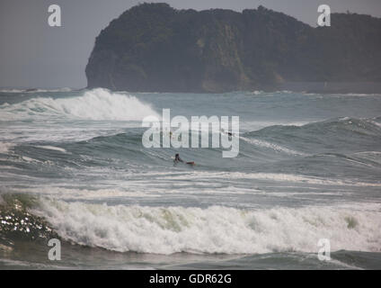 Japanische Surfer im kontaminierten Bereich nach der Daiichi Nuclear Power Plant Bestrahlung, Präfektur Fukushima, Tairatoyoma Strand, Japan Stockfoto