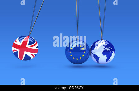 Brexit globale Konsequenzen Geschäftskonzept mit Union Jack, EU-Flagge auf Kugeln und Welt Karte Globus 3D Illustration. Stockfoto