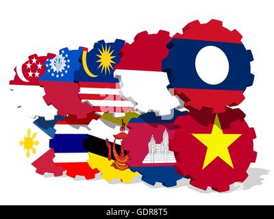 ASEAN-Mitglieder der Gewerkschaft Nationalflaggen auf Zahnräder Stockfoto