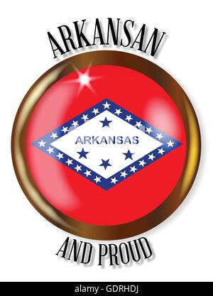 Schaltfläche "Arkansas Zustand Flagge" mit gold Metall kreisförmigen Rand auf weißem Hintergrund mit dem Text zwar und stolz Stock Vektor