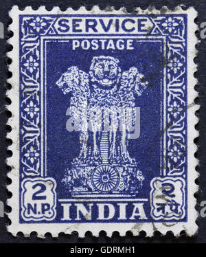 Indien - ca. 1967: einen Stempel in Indien zeigt vier indischen Löwen, die Hauptstadt der ashoka Säule gedruckt, ohne Aufschrift, von der ser Stockfoto