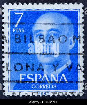 Spanien - ca. 1949: Briefmarke gedruckt in Spanien zeigt ein Portrait von General Francisco Franco 1892-1975, Serie "Francisco Franco", Stockfoto