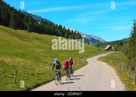 Geographie/Reisen, Deutschland, Bayern, Landschaften, Alpen, Rohrmoos Tal in der Nähe von Oberstdorf, Radrennfahrer auf Landstraße, Additional-Rights - Clearance-Info - Not-Available Stockfoto