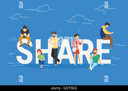 Aktie Konzept Abbildung von jungen Menschen mit mobilen gadgets Stock Vektor