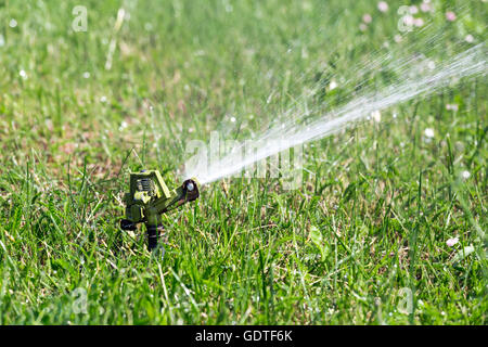 Sprinklerkopf Aufsprühen von Wasser auf dem Rasen Stockfoto