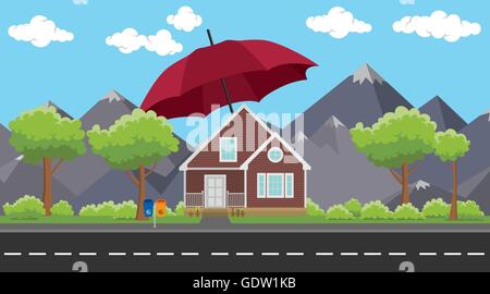 Haus Zeichen oder Symbol Versicherungsschutz mit Regenschirm und Berg als Hintergrund-Vektor-Grafik Stock Vektor