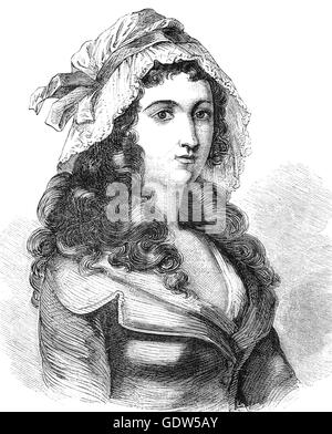Marie-Anne Charlotte de Corday d'Armont (1768 – 1793), bekannt als Charlotte Corday war eine Figur der französischen Revolution. 1793 wurde sie durch die Guillotine für die Ermordung des jakobinischen Führer Jean-Paul Marat, hingerichtet, der durch seine Rolle als Politiker und Journalist, für den radikaleren Kurs teilweise verantwortlich war, die die Revolution gemacht hatte. Stockfoto