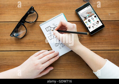 Nahaufnahme von Frau oder Student in Notepad schreiben Stockfoto