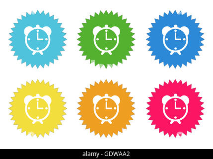 Reihe von bunten Aufkleber Icons mit Wecker-Symbol in blau, grün, gelb, rot und orange Farben Stockfoto
