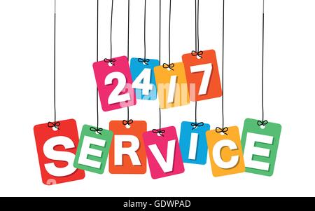 Vektor bunten Karton hängen. Tags - 24 / 7 Service auf weißem Hintergrund Stock Vektor
