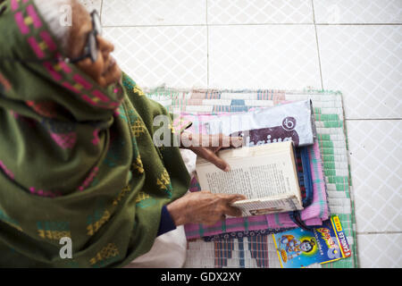 Indische Frau liest ein Buch im Ashram in Vrindavan, Indien, 2011 Stockfoto