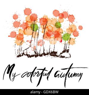 Hallo Herbst. Handgezeichnete Schriftzug auf abstrakte Aquarell blots Hintergrund Stock Vektor