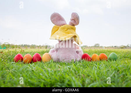 Bunte Ostereier und Kaninchen tragen Hut auf dem grünen Rasen Stockfoto
