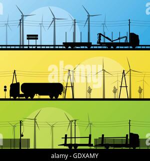 Wind-Strom-Generatoren und Windmühlen im Lande Autobahn für poster Stock Vektor