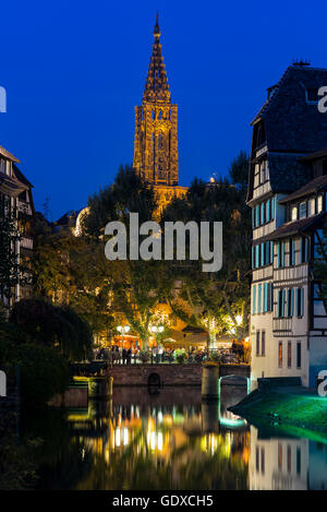 Ill, die Kathedrale und die Häuser in der Dämmerung, La Petite France, Straßburg, Elsass, Frankreich, Europa Stockfoto