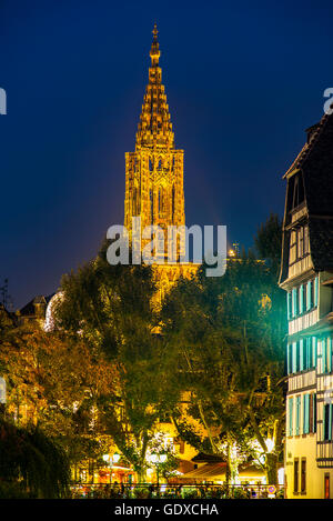 Kathedrale und Häuser an der Dämmerung, La Petite France, Straßburg, Elsass, Frankreich Stockfoto