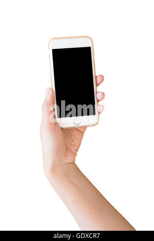 Hand, die White Smartphone mit unbelegten Schirm isoliert auf weißem Hintergrund Stockfoto