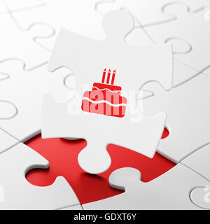 Unterhaltung, Konzept: Kuchen auf Puzzle-Hintergrund Stockfoto