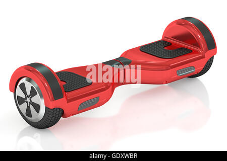 roten Hoverboard oder Self balancing Scooter 3D-Rendering isoliert auf weißem Hintergrund Stockfoto