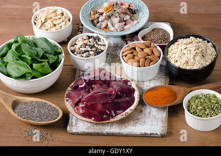 Lebensmittel reich an Mangan. Gesunde Ernährung. Stockfoto