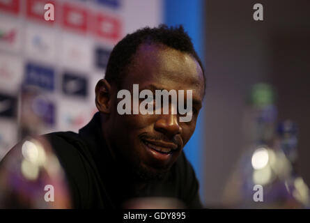 Usain Bolt stellt bei seiner Pressekonferenz am Grange Tower Bridge Hotel, London. Stockfoto