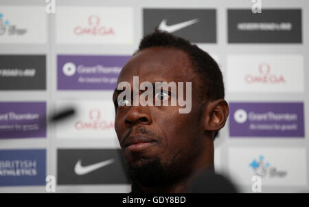 Usain Bolt stellt bei seiner Pressekonferenz am Grange Tower Bridge Hotel, London. Stockfoto