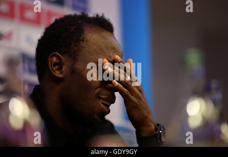 Usain Bolt stellt bei seiner Pressekonferenz am Grange Tower Bridge Hotel, London. Stockfoto