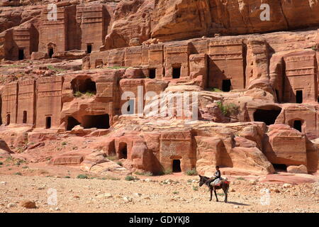 Die Straße von Fassaden in Petra, Jordanien, ein Beduine kleiner Junge reitet seinen Esel im Vordergrund Stockfoto