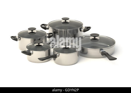 Edelstahl-Töpfe und Pfannen auf weißem Hintergrund. Satz von fünf Kochen Geschirr mit Glas durchsichtigen Deckel. 3D Illustration. Stockfoto