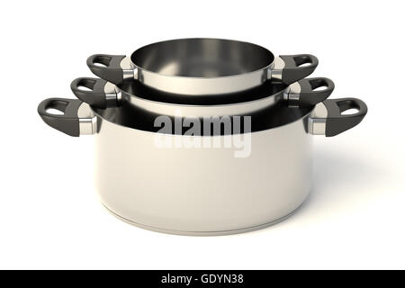 Edelstahl-Töpfe auf weißem Hintergrund. Satz von drei gestapelte Kochtöpfe ohne Deckel. 3D Illustration. Stockfoto