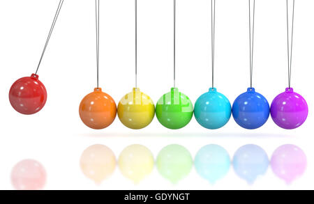 Farbige Newtons Wiege, Pendel. 3D-Rendering isoliert auf weißem Hintergrund Stockfoto