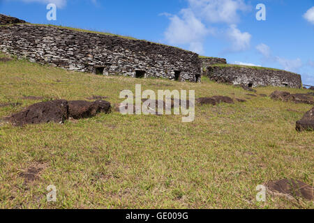 Häuser von Orongo Zentrum, Rapa Nui Stockfoto