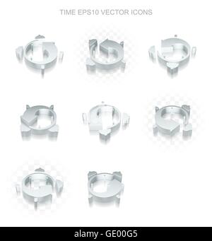 Zeitachse Icons Set: verschiedene Ansichten der metallischen Wecker, transparente Schatten, EPS 10 Vektor. Stock Vektor