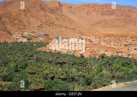 Marokkanischen Dorf am östlichen Abhänge des Atlas-Gebirges in Tinghir Oase Stockfoto