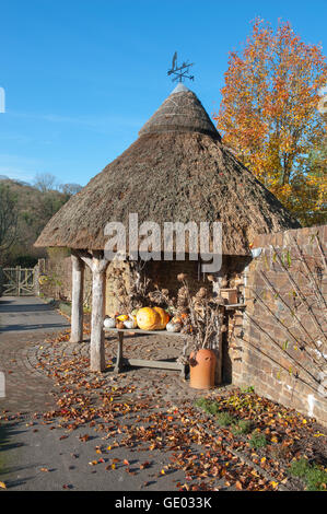 Strohgedeckten Dach Sommerhaus in Obst und Gemüse Garten an der RHS Rosemoor, Devon, England, UK Stockfoto