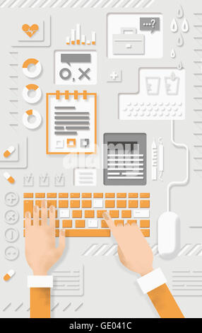 Händen tippen auf einer Tastatur für Business-Daten-Analyse Stockfoto