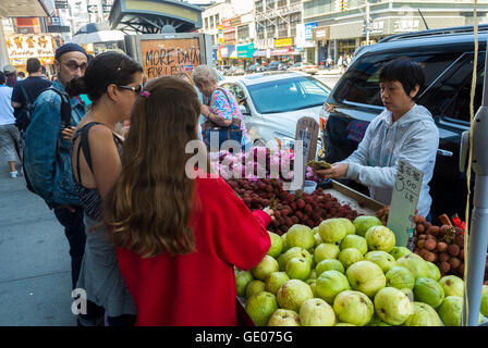 New York City, New York, USA, American People Shopping Obststand auf der Straße in Chinatown, Manhattan, Einwandererarbeit New York, Street Food New York Stockfoto