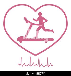 Stilisierte Ikone des Mannes Joggen auf einem Laufband im Rahmen der Herz-Symbol und Herzrhythmus auf weißem Hintergrund Stock Vektor